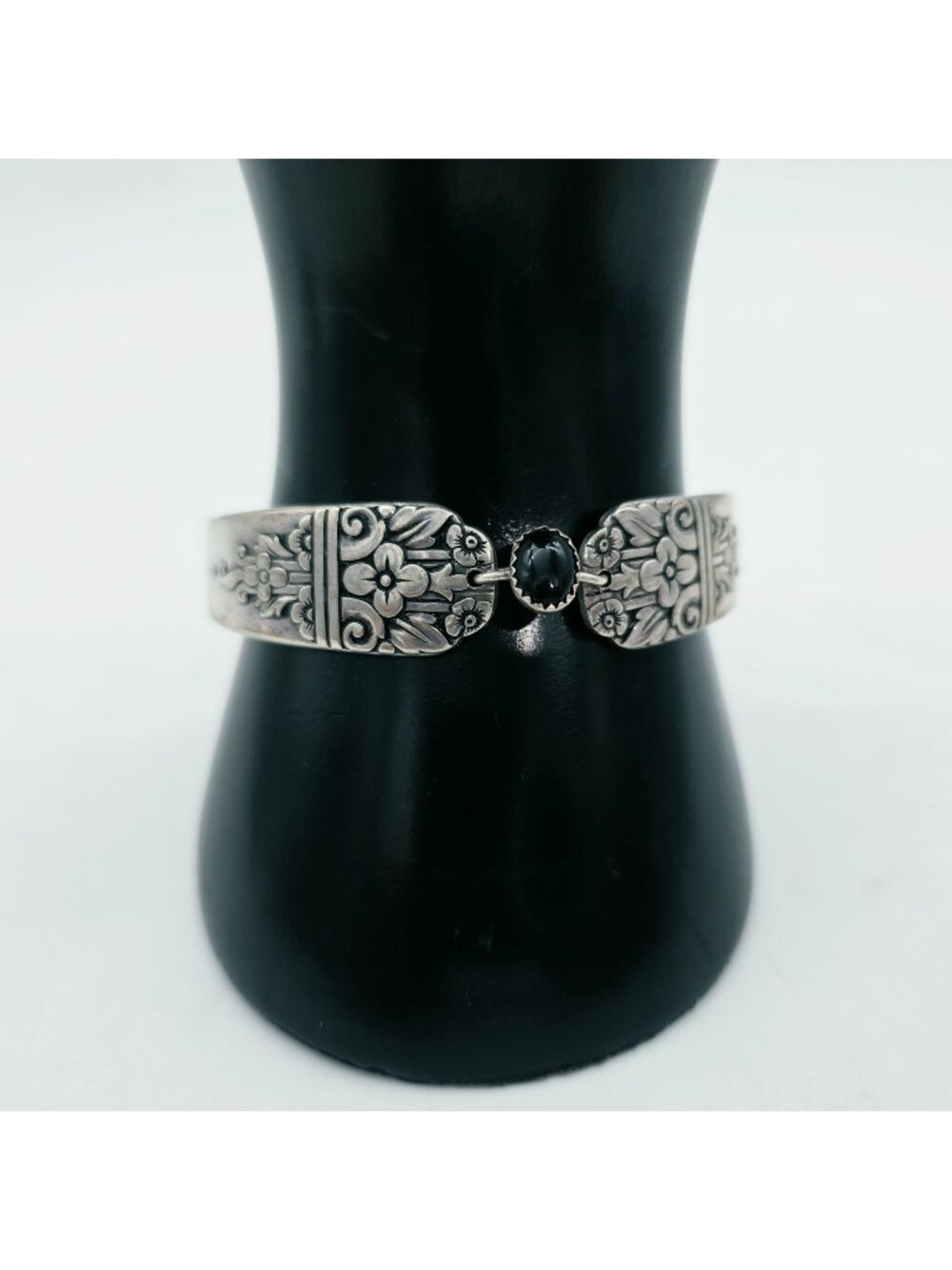 Sterling Silver Spoon Bracelet With Floral Engraving And Black Onyx Stone